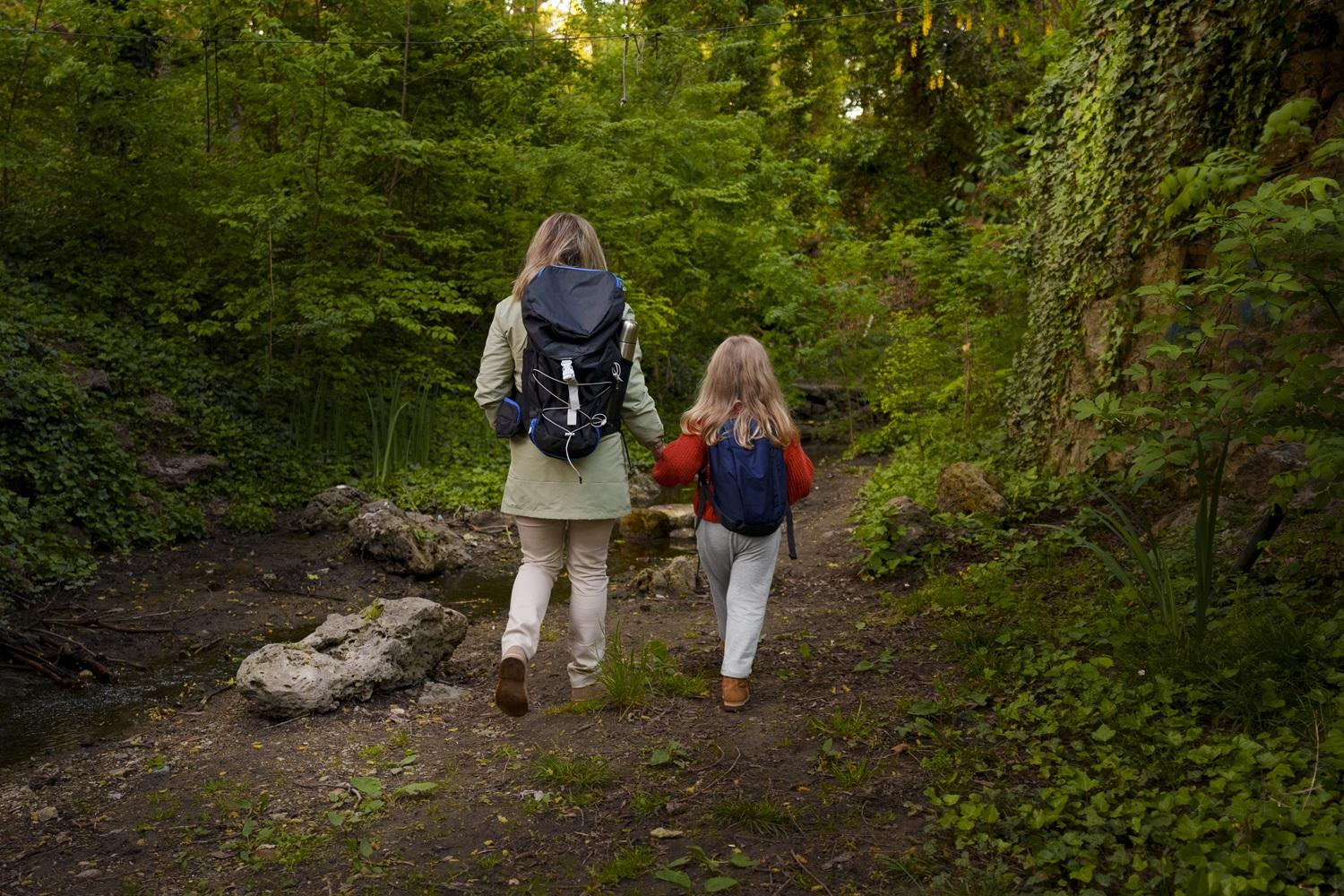 Full shot woman girl exploring nature